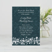 Navy Damask Cream Floral Wedding Invitation Kaart (Staand voorkant)
