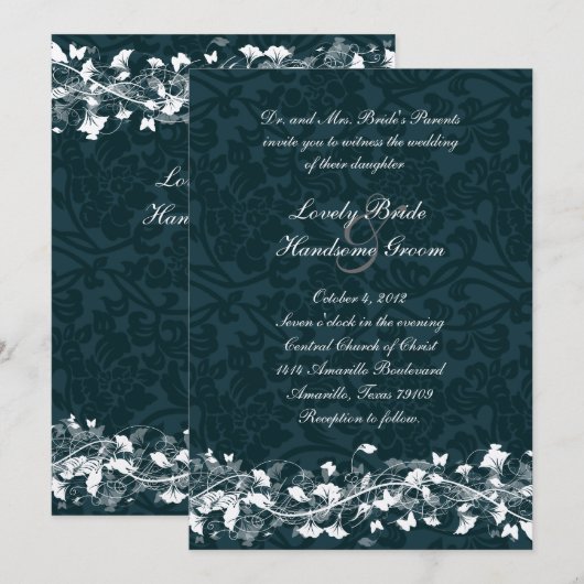 Navy Damask Cream Floral Wedding Invitation Kaart (Voorkant / Achterkant)