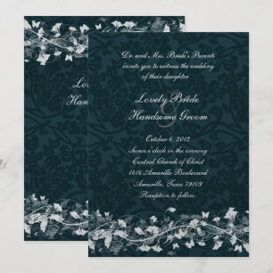 Navy Damask Cream Floral Wedding Invitation Kaart