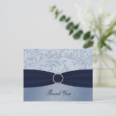Navy damask FAUX lint diamante gesp Huwelijk Briefkaart (Staand voorkant)