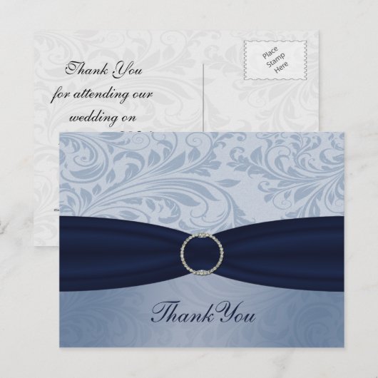 Navy damask FAUX lint diamante gesp Huwelijk Briefkaart (Voorkant / Achterkant)