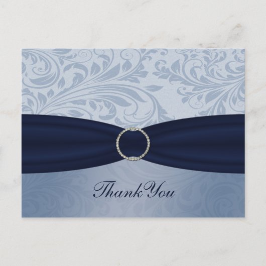 Navy damask FAUX lint diamante gesp Huwelijk Briefkaart (Voorkant)