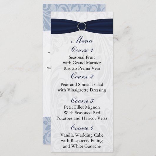 Navy damask FAUX lint diamante gesp Huwelijk Menu (Voorkant / Achterkant)