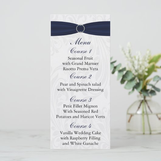 Navy damask FAUX lint diamante gesp Huwelijk Menu (Staand voorkant)