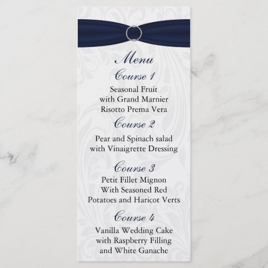 Navy damask FAUX lint diamante gesp Huwelijk Menu (Voorkant)