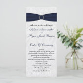 Navy damask FAUX lint diamante gesp Huwelijk Programmakaart (Staand voorkant)