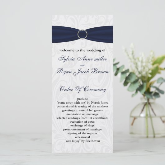 Navy damask FAUX lint diamante gesp Huwelijk Programmakaart (Staand voorkant)