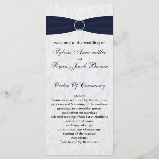 Navy damask FAUX lint diamante gesp Huwelijk Programmakaart (Voorkant)