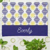 Navy Damask met gele citroenen patroon