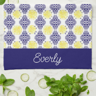 Navy Damask met gele citroenen patroon Theedoek