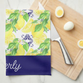 Navy Damask met gele citroenen patroon Theedoek (Quarter Fold)