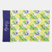 Navy Damask met gele citroenen patroon Theedoek (Horizontaal)