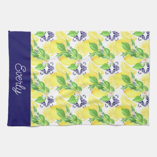 Navy Damask met gele citroenen patroon Theedoek (Horizontaal)