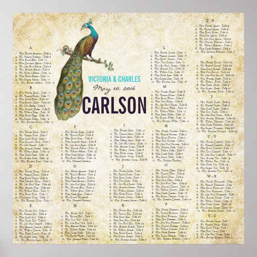 Navy Damask  Modern Peacock Seating Chart Poster (Voorkant)