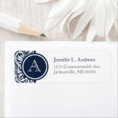 Navy Damask Monogram Adres Retourlabels Etiket (Insitu)
