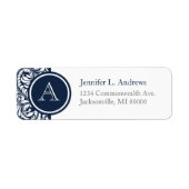 Navy Damask Monogram Adres Retourlabels Etiket (Voorkant)