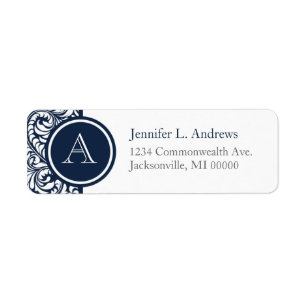 Navy Damask Monogram Adres Retourlabels Etiket