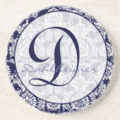 Navy Damask Monogram Bruiloft Jubileum Onderzetter (Voorkant)