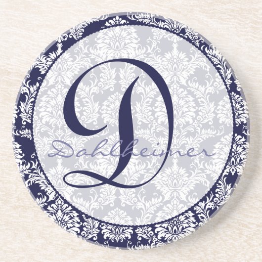Navy Damask Monogram Bruiloft Jubileum Onderzetter (Voorkant)