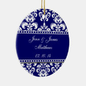 Navy Damask Names Date Wedding Ornaments Keramisch Ornament (Rechts)