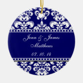 Navy Damask Names Date Wedding Ornaments Keramisch Ornament (Voorkant)