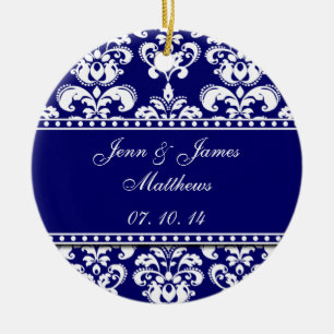 Navy Damask Names Date Wedding Ornaments Keramisch Ornament