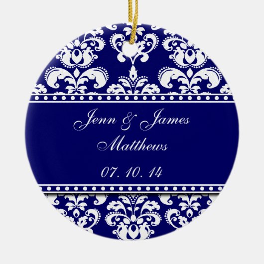 Navy Damask Names Date Wedding Ornaments Keramisch Ornament (Voorkant)