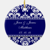 Navy Damask Names Date Wedding Ornaments Keramisch Ornament (Achterkant)