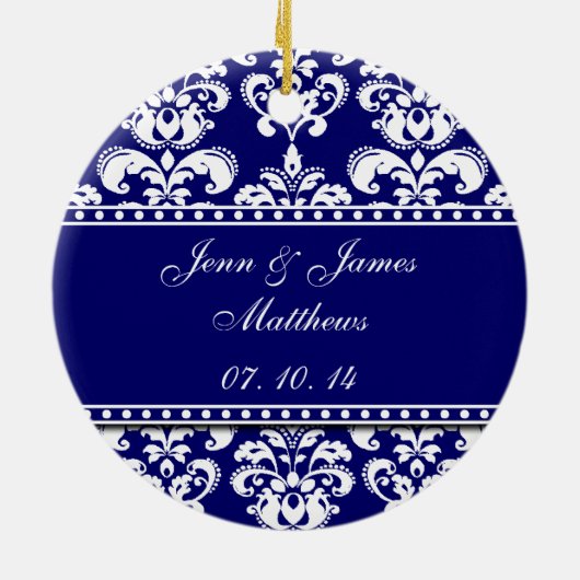 Navy Damask Names Date Wedding Ornaments Keramisch Ornament (Achterkant)