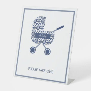 Navy Damask Pram, neem alsjeblieft één Baby shower Reclamebord Met Voetstuk