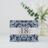 Navy Damask Silver Metal Table Number Briefkaart (Staand voorkant)