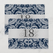 Navy Damask Silver Metal Table Number Briefkaart (Voorkant / Achterkant)