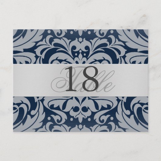Navy Damask Silver Metal Table Number Briefkaart (Voorkant)