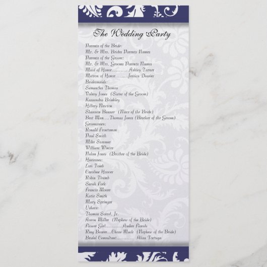 Navy Damask Swirls Trouwprogramma Programmakaart (Achterkant)