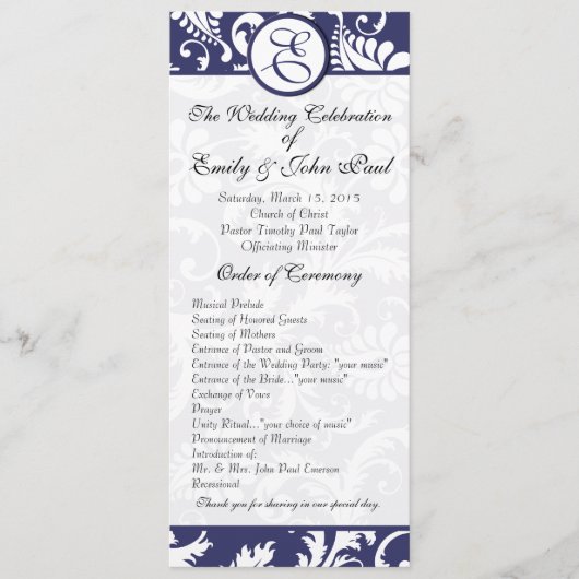 Navy Damask Swirls Trouwprogramma Programmakaart (Voorkant)