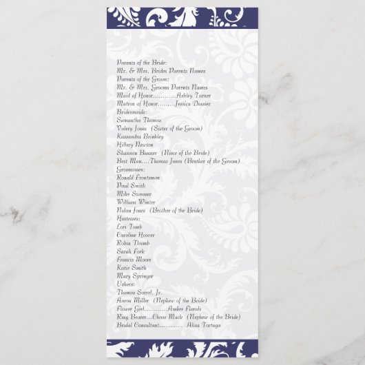Navy Damask Swirls Trouwprogramma Programmakaart (Achterkant)