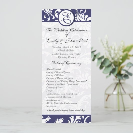 Navy Damask Swirls Trouwprogramma Programmakaart (Staand voorkant)