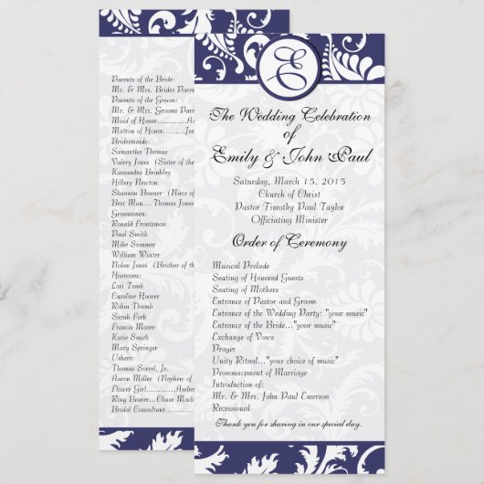 Navy Damask Swirls Trouwprogramma Programmakaart (Voorkant / Achterkant)