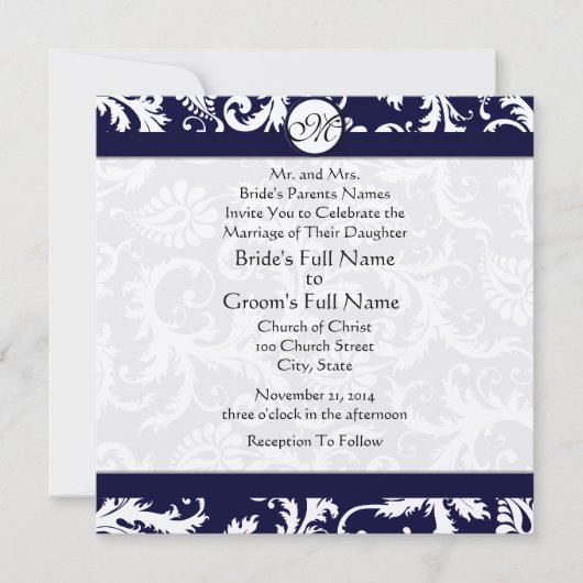 Navy Damask Swirls Wedding Invitation Kaart (Voorkant)