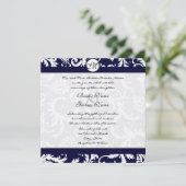 Navy Damask Swirls Wedding Invitation Kaart (Staand voorkant)
