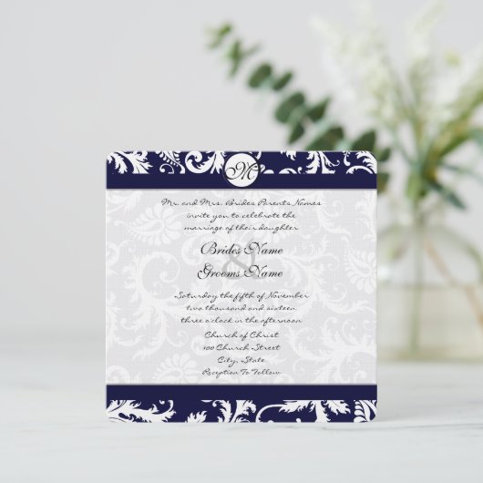 Navy Damask Swirls Wedding Invitation Kaart (Staand voorkant)