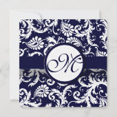 Navy Damask Swirls Wedding Invitation Kaart (Achterkant)