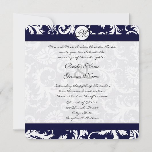 Navy Damask Swirls Wedding Invitation Kaart (Voorkant)