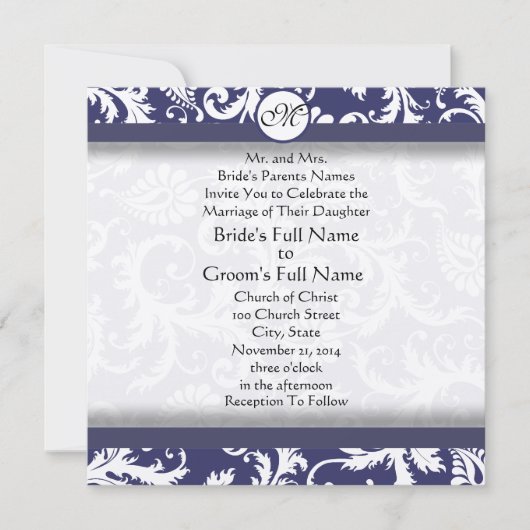 Navy Damask Swirls Wedding Invitation Kaart (Voorkant)