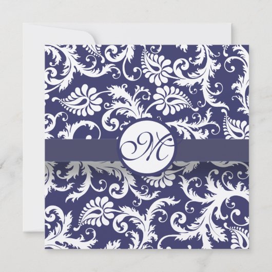 Navy Damask Swirls Wedding Invitation Kaart (Achterkant)