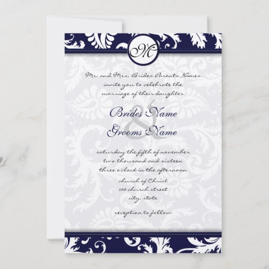 Navy Damask Swirls Wedding Invitation Kaart (Achterkant)