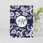 Navy Damask Swirls Wedding Invitation Kaart (Staand voorkant)