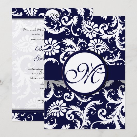 Navy Damask Swirls Wedding Invitation Kaart (Voorkant / Achterkant)