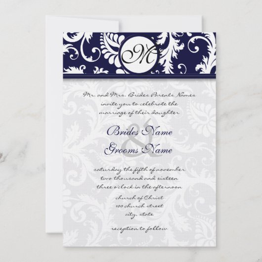Navy Damask Swirls Wedding Invitation Kaart (Achterkant)