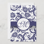 Navy Damask Swirls Wedding Invitation op Linen Kaart (Voorkant)